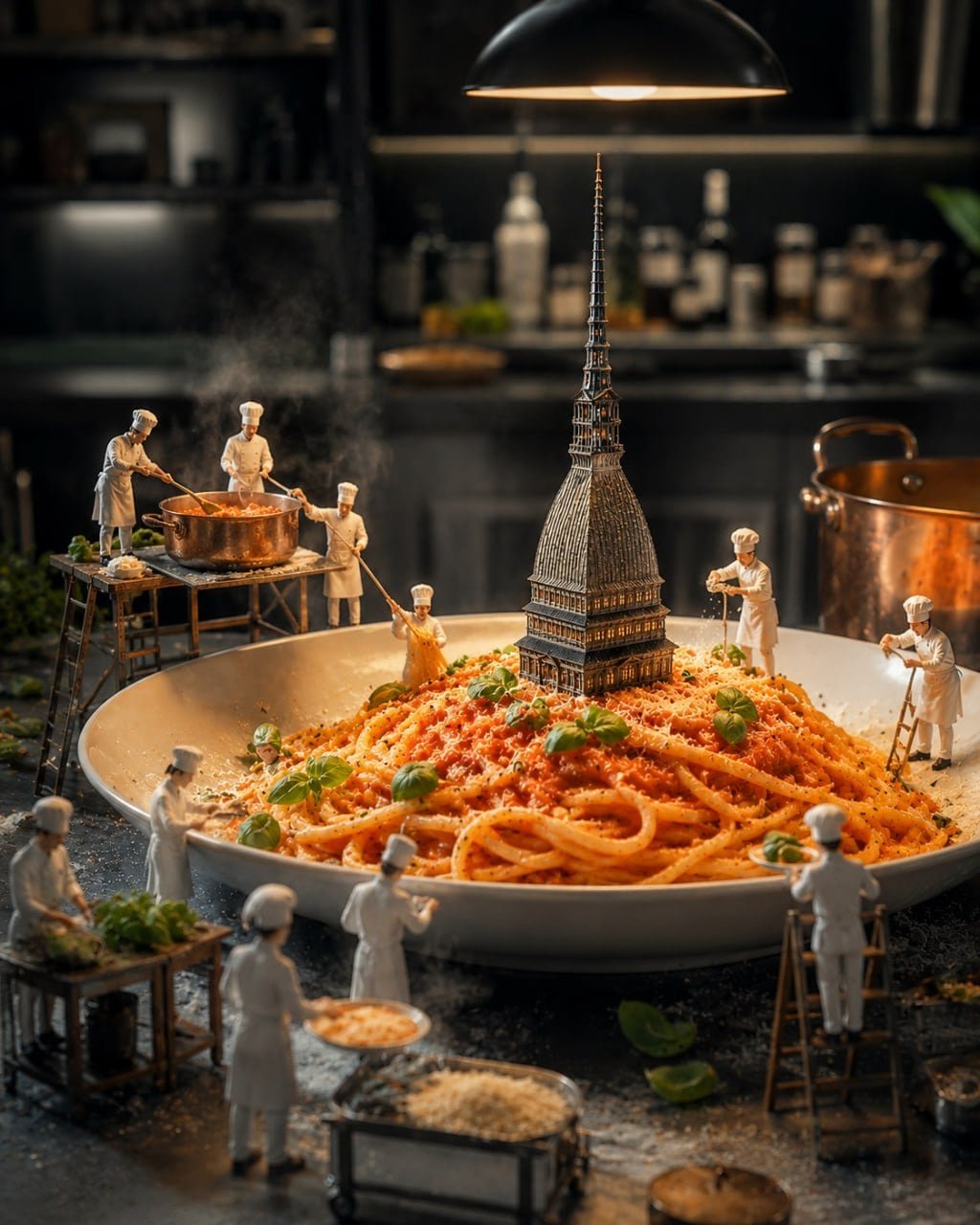 Cuochi in miniatura al lavoro attorno a un piatto di pasta, con la Mole al centro